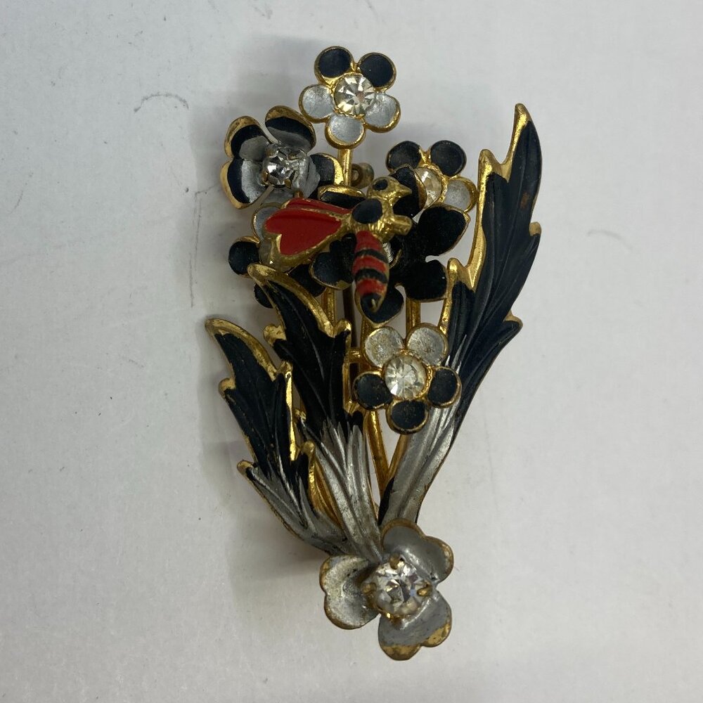 Vtg 1950 TRIAD enamel brass flowers bee brooch